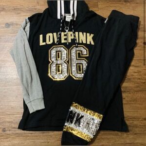 PINK VS 86 BLING PULLOVER HOODIE/ JOGGERS OUTFIT M